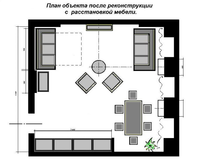 plan de cuisine-salon en forme de carré