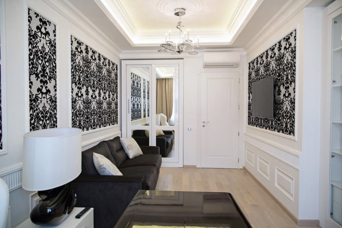 Papier peint noir et blanc à l'intérieur du salon