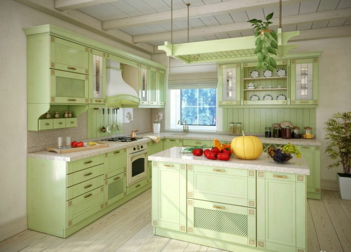 Style provençal à l'intérieur d'une cuisine verte