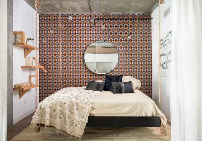 textiles et décoration à l'intérieur de la chambre dans un style industriel