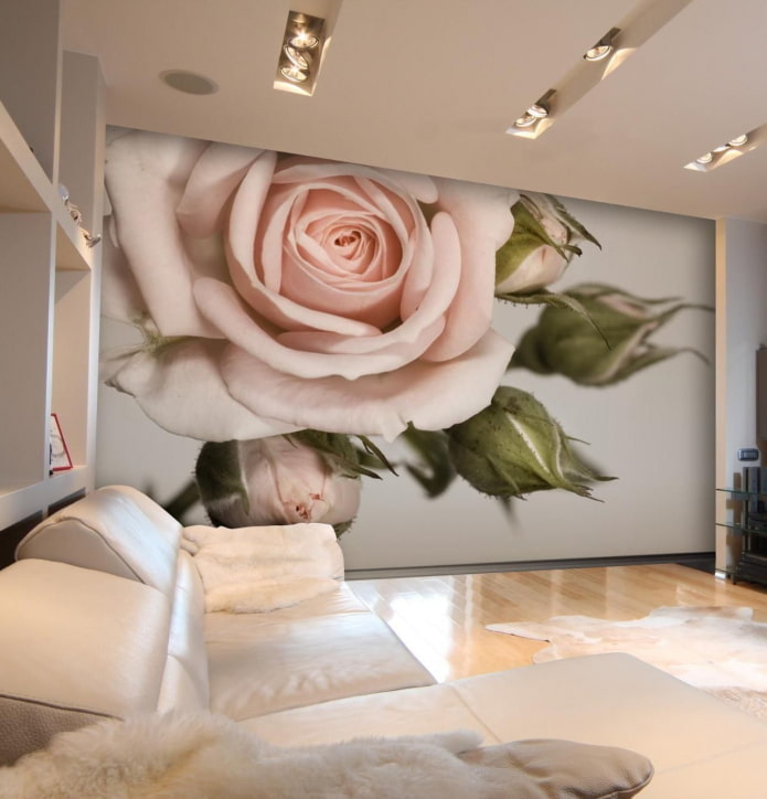 Fond d'écran 3D avec des fleurs à l'intérieur du salon