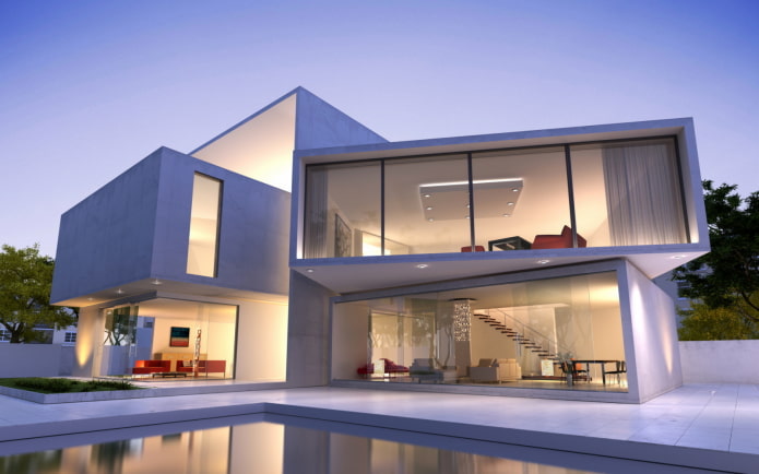 maison avec fenêtres panoramiques de style high-tech