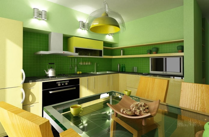 intérieur de cuisine dans des tons jaune-vert
