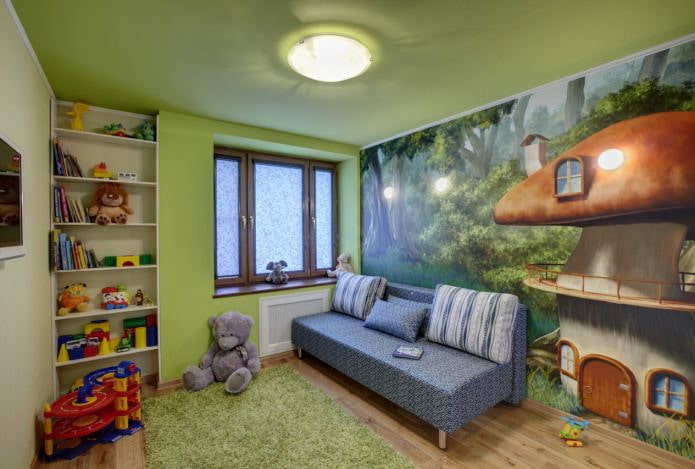 plafond tendu vert de plain-pied dans la chambre des enfants