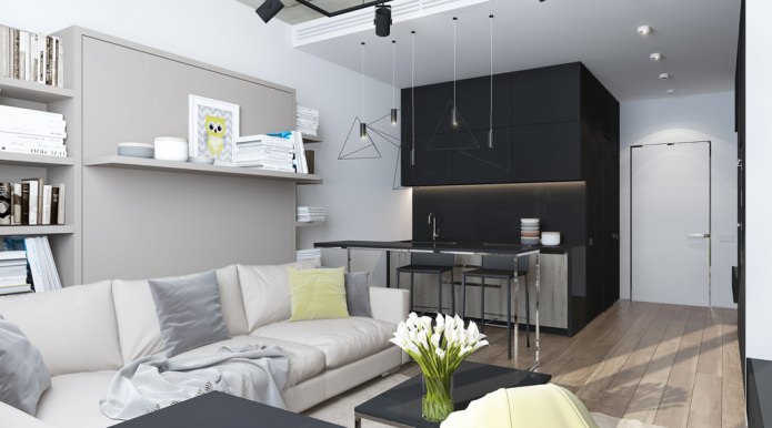 Conception moderne d'un salon combiné avec une cuisine dans un studio
