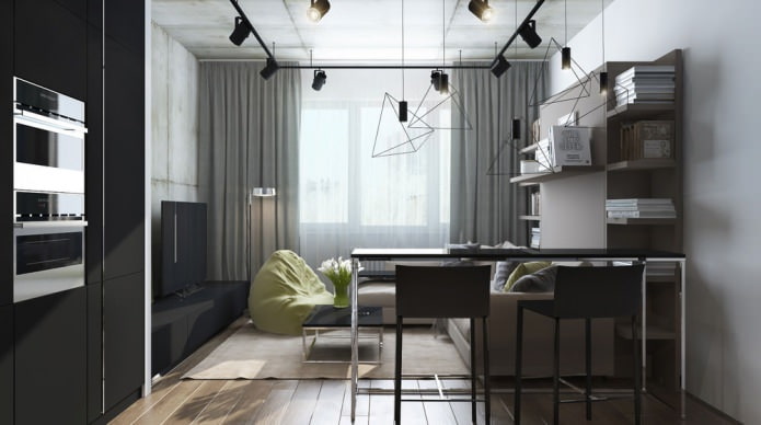 Conception moderne d'un salon combiné avec une cuisine dans un studio