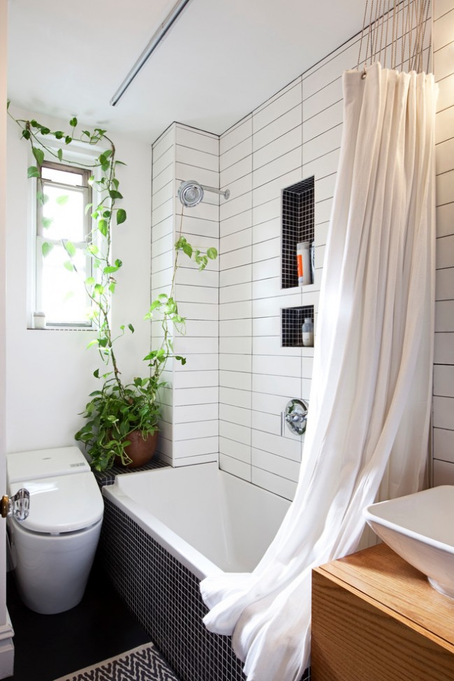 Un WC suspendu pratique vous fera gagner un peu de place dans la salle de bain combinée.  Notez également que les plantes qui aiment l'humidité peuvent être placées dans une salle de bain avec une fenêtre (ou en aménageant un éclairage artificiel pour elles)