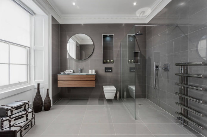 intérieur de salle de bain dans un style moderne avec des carreaux rectangulaires gris