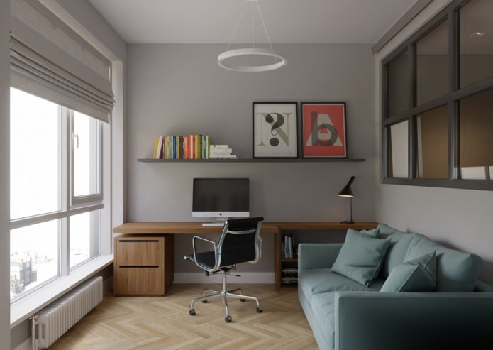 intérieur de bureau avec parquet clair et murs gris