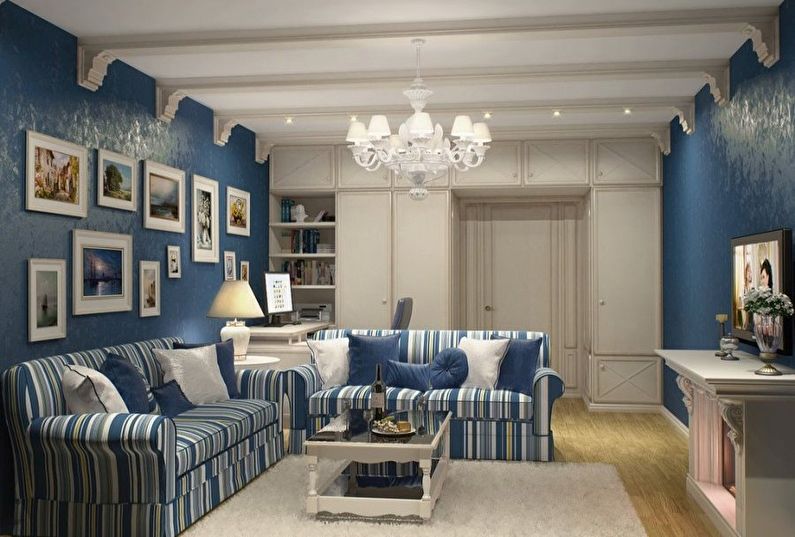 Petit salon dans les tons bleus - design d'intérieur