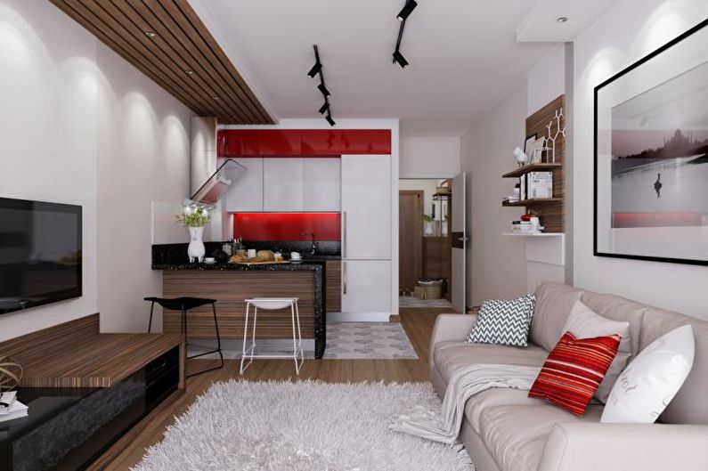 Conception d'un appartement d'une pièce de 30 m².  - Solutions couleur