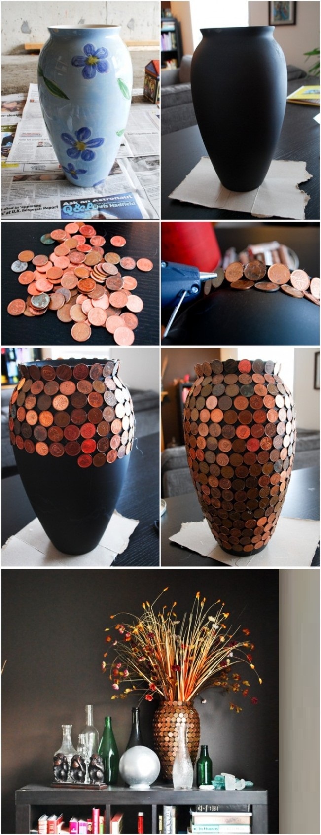 Une option intéressante pour créer un vase en teignant avec de la peinture mate et en collant avec des pièces de monnaie