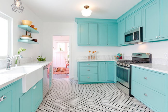 intérieur de cuisine aux couleurs blanc et turquoise