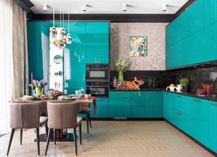 intérieur de cuisine aux couleurs noir et turquoise