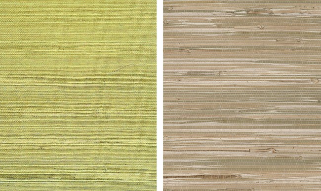 Types populaires de papier peint naturel: à gauche - papier peint en sisal (les fibres sont collées au papier), à droite - tissé à partir de fibres végétales naturelles.  Mais leur assortiment ne s'arrête pas là.