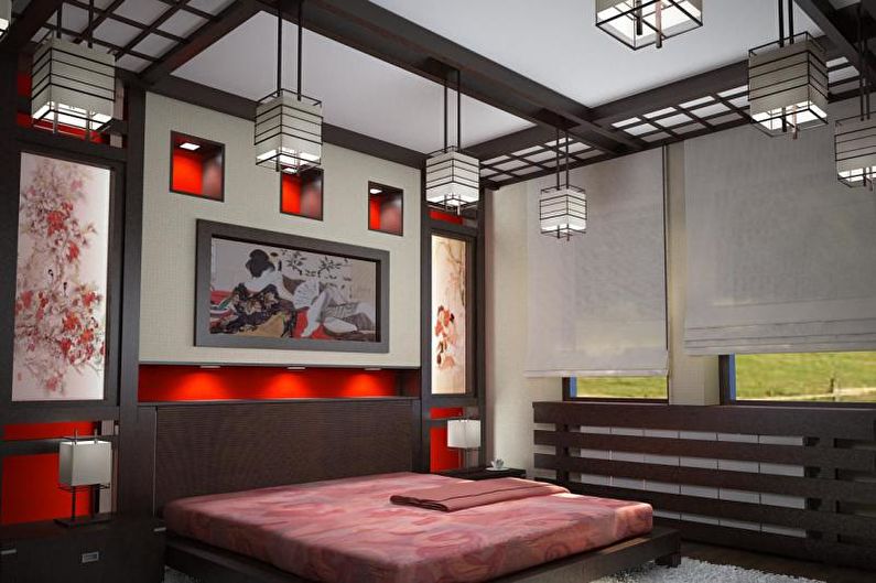 Chambre à coucher rouge de style japonais - Design d'intérieur