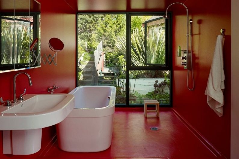 Salle de bain rouge dans le style du minimalisme - Design d'intérieur