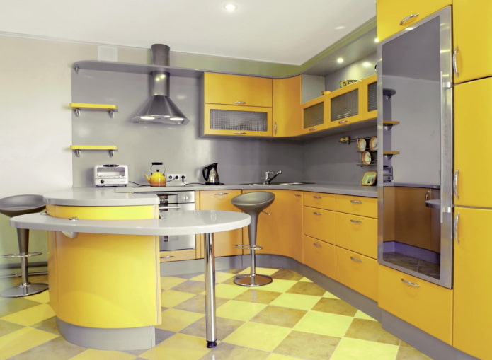 intérieur de cuisine dans des tons jaune-gris