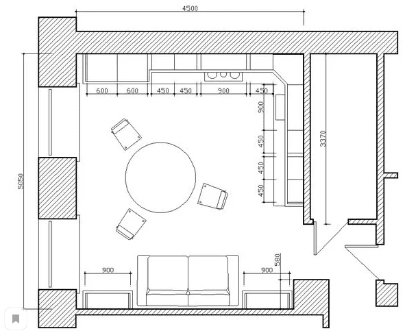 cuisine-salon carré de 16 m².