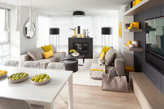 L'ambiance de l'Art Nouveau moderne dans la gamme jaune-gris de l'intérieur