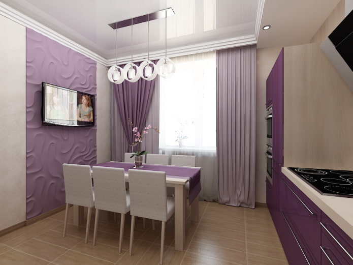 rideaux à l'intérieur de la cuisine dans des tons violets
