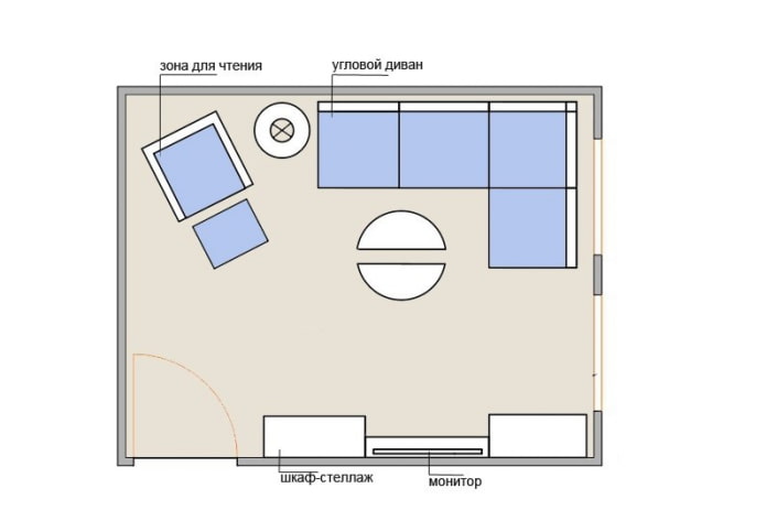 Schéma d'un salon 15 m² avec un canapé d'angle