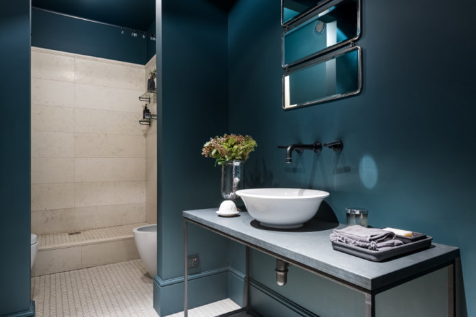 Salle de bain bleue avec carrelage dans la zone de douche