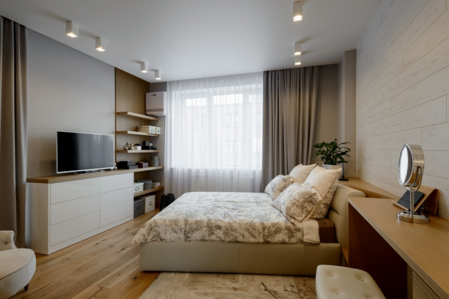 Chambre à coucher moderne et élégante avec stratifié au mur et au sol