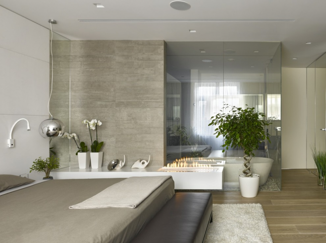 Intérieur de chambre à coucher moderne avec cloison en verre à la salle de bain