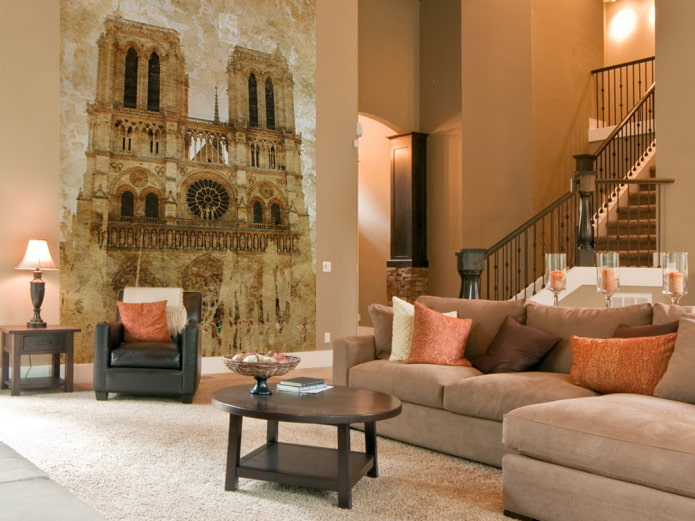 papier peint photo avec l'image de Notre Dame de Paris à l'intérieur du salon