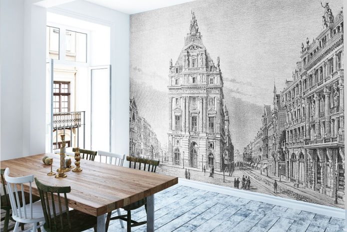 papier peint avec l'image de la vieille ville à l'intérieur de la cuisine