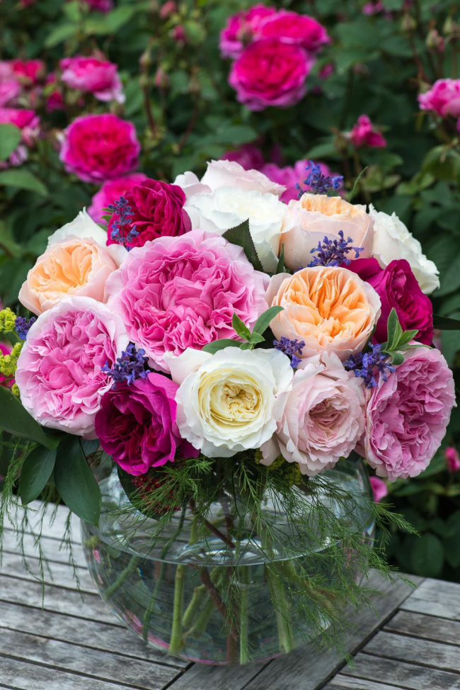 Vase en verre ordinaire avec un beau bouquet de roses maison