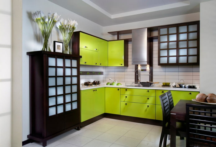 meubles et appareils électroménagers à l'intérieur de la cuisine dans des tons vert clair