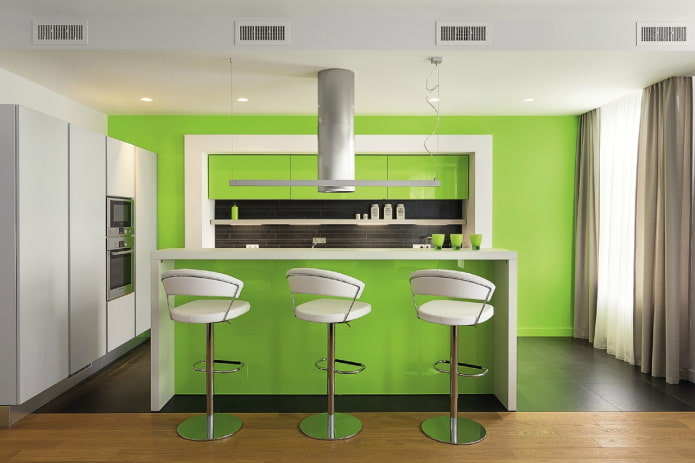 meubles et appareils électroménagers à l'intérieur de la cuisine dans des tons vert clair