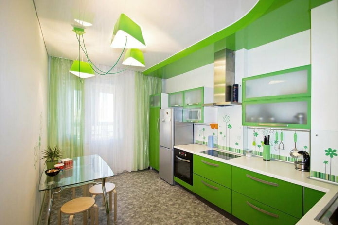 rideaux à l'intérieur de la cuisine dans des tons vert clair