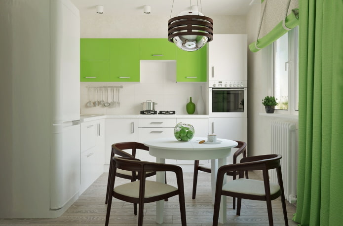 éclairage et décoration à l'intérieur de la cuisine dans des tons vert clair