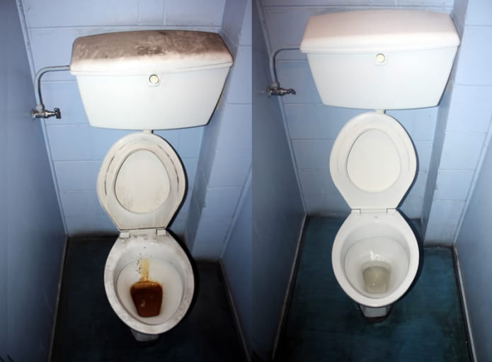Toilette avant et après nettoyage à l'électrolyte