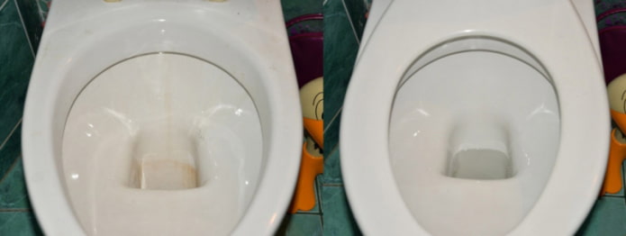 Toilette avant et après le nettoyage avec de l'acide citrique et du vinaigre