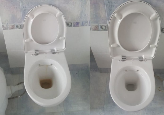 Toilettes avant et après le nettoyage avec du bicarbonate de soude et du vinaigre