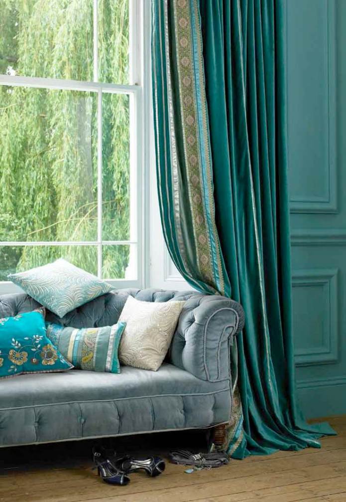 rideaux de velours turquoise